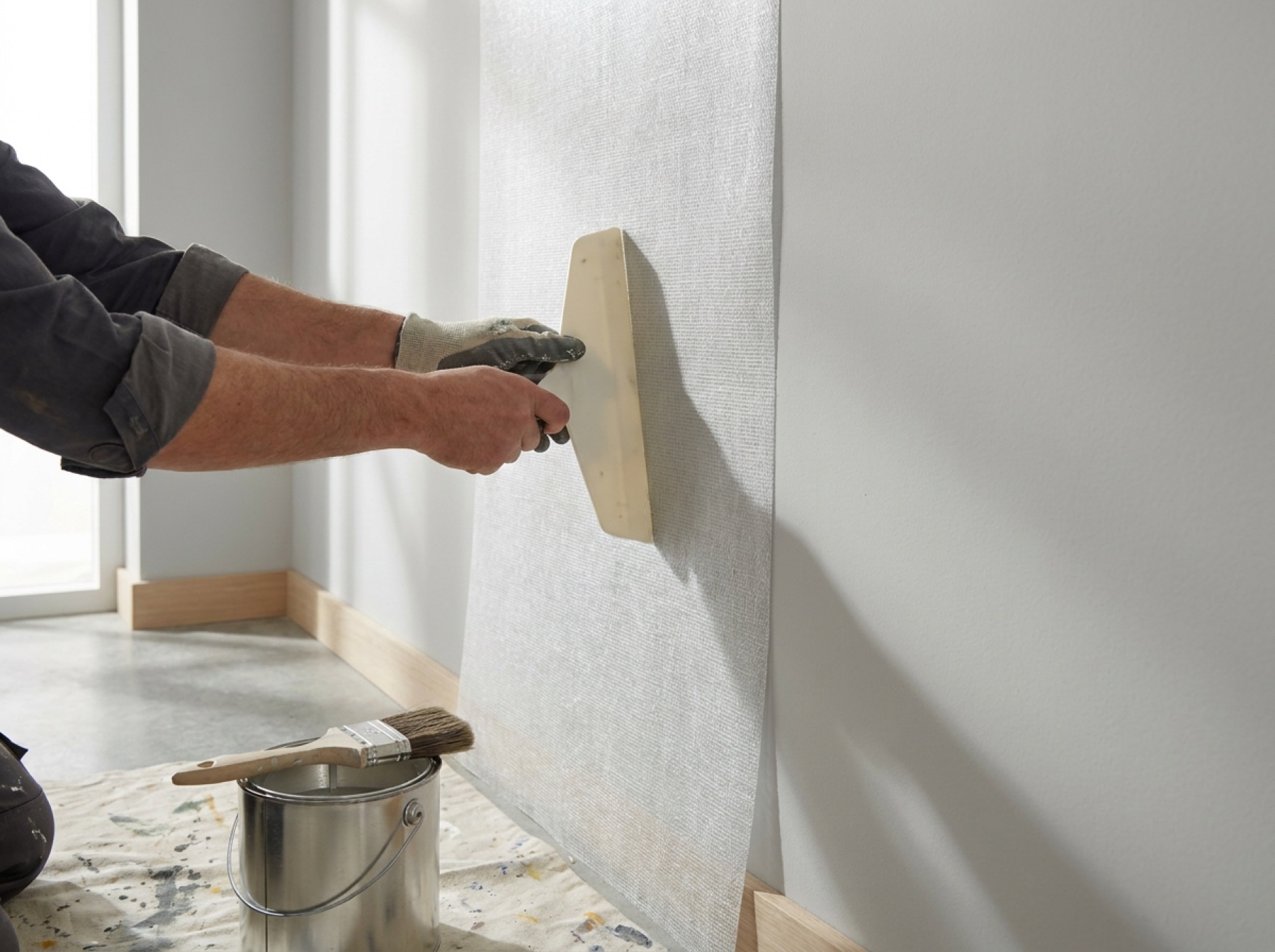 Handen die glasvliesbehang strak op de wand aandrukken